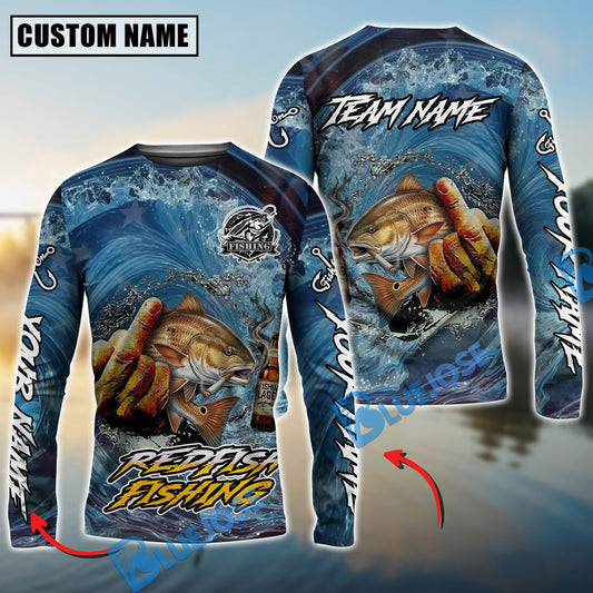 Bluejose Redfish Fishing Seawave Stinky Finger Smoking Beer Custom Name & Team Name 3D Shirts