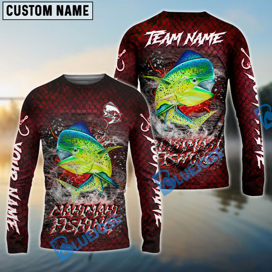 Bluejose Mahi-Mahi Fishing Red Dragon Scale Lightning Custom Name & Team Name 3D Shirts