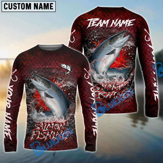 Bluejose Salmon Fishing Red Dragon Scale Lightning Custom Name & Team Name 3D Shirts