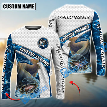 Bluejose Catfish Fishing Honeycomb Electric Water Splash Custom Name & Team Name 3D Shirts