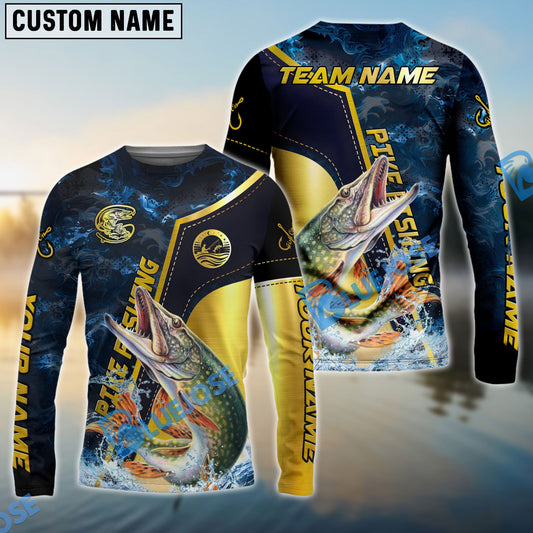Bluejose Pike Fishing Ocean Wave Gold Luxury Pattern Custom Name & Team Name 3D Shirts
