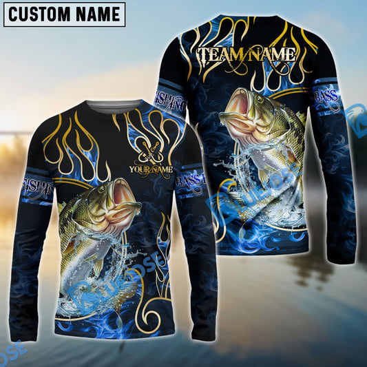 Bluejose Bass Fishing Flame Dark Blue Luxury Pattern Custom Name & Team Name 3D Shirts