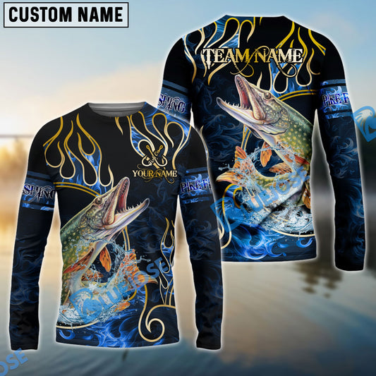 Bluejose Pike Fishing Flame Dark Blue Luxury Pattern Custom Name & Team Name 3D Shirts