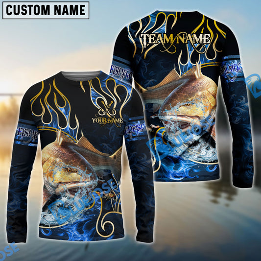 Bluejose Redfish Fishing Flame Dark Blue Luxury Pattern Custom Name & Team Name 3D Shirts