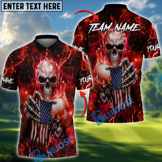 BlueJose Hellfire Freedom Skull Golf Polo Personalized Name, Team Name 3D Shirt (4 Colors)