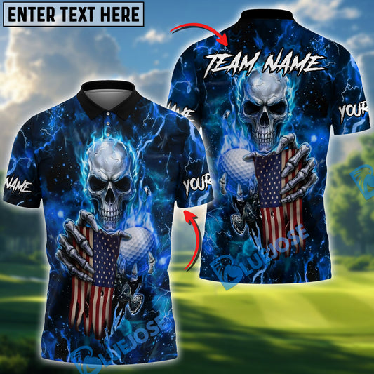 BlueJose Hellfire Freedom Skull Golf Polo Personalized Name, Team Name 3D Shirt (4 Colors)