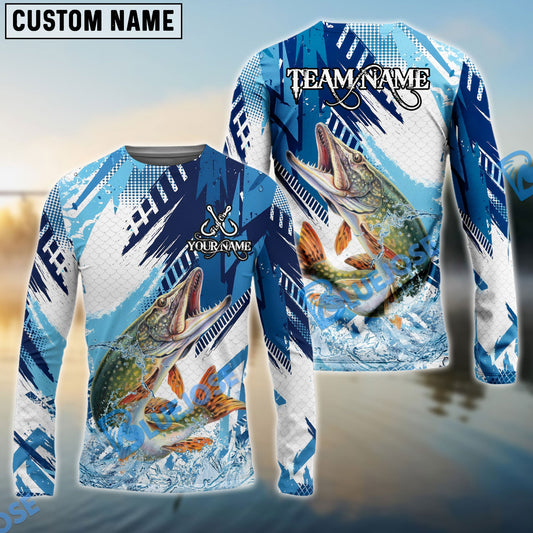 Bluejose Pike Fishing Blue Water Splash Scale Pattern Custom Name & Team Name 3D Shirts