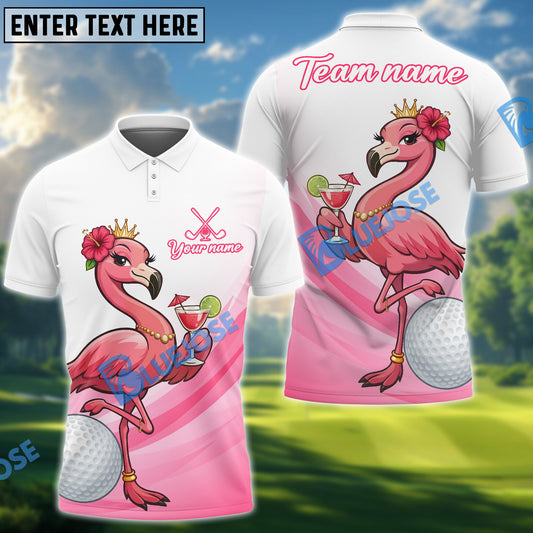 BlueJose Pink Flamingo Cocktail Golf Polo Customized Name, Team Name 3D Shirts
