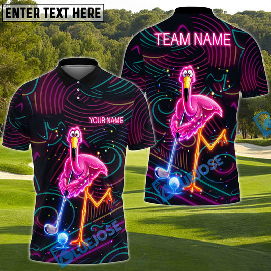 BlueJose Neon Flamingo Night Golf Polo Personalized Name, Team Name 3D Shirt (4 Colors)