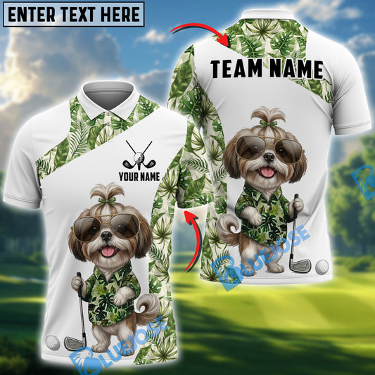 BlueJose Cute Dog Green Tropical Golf Polo Personalized Name, Team Name 3D Shirt