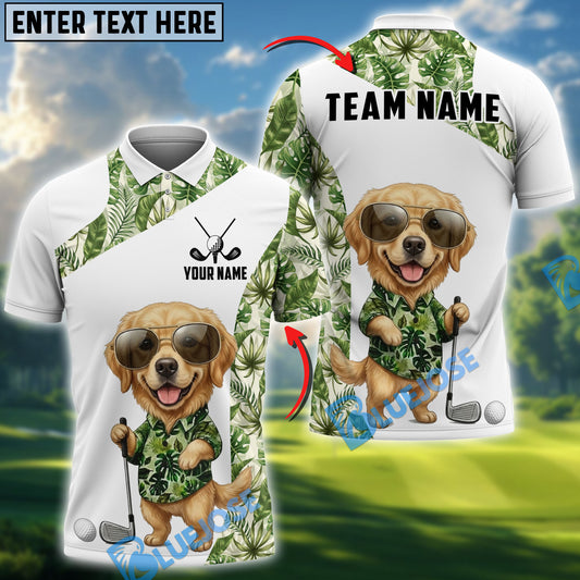 BlueJose Cute Dog Green Tropical Golf Polo Personalized Name, Team Name 3D Shirt