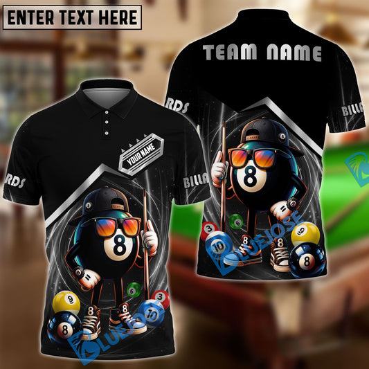 BlueJose Billiards 8 Ball Funny Character Swirl Customized Name, Team Name 3D Shirt (6 Colors)