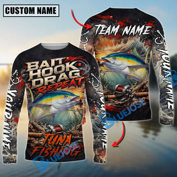 Bluejose Tuna Fishing Bait Hook Drag Repeat Custom Name & Team Name 3D Shirts