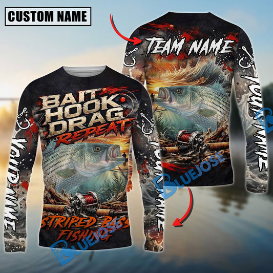 Bluejose Striped Bass Fishing Bait Hook Drag Repeat Custom Name & Team Name 3D Shirts