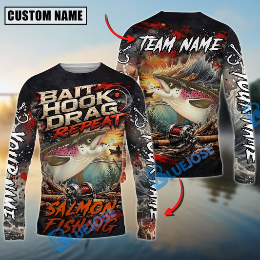 Bluejose Salmon Fishing Bait Hook Drag Repeat Custom Name & Team Name 3D Shirts
