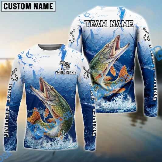 Bluejose Pike Fishing Ocean Scale Gradient Splash Design Custom Name & Team Name 3D Shirts