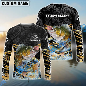 Bluejose Walleye Fishing Black Gold Splash Dynamic Pattern Custom Name & Team Name 3D Shirts