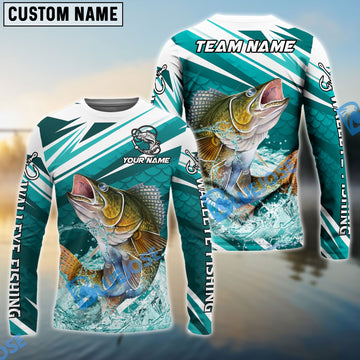 Bluejose Walleye Fishing Cyan Scale Pattern Splash Water Custom Name & Team Name 3D Shirts
