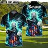 BlueJose Golf Lightning US Flag Skull Design Personalized Name, Team Name 3D Shirt (4 Colors)