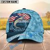 BlueJose Fishing American Flag Light Blue Ocean Design Personalized Cap (13 Breeds)