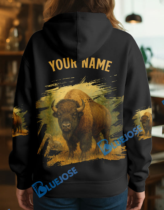 BlueJose Black Bison Hunter Personalized Name Hoodie For Hunting Lover