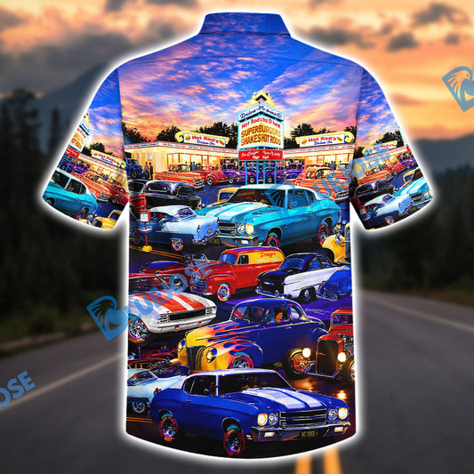 Bluejose Hot Rod Drive-In Diner Classic Car Collection Hawaiian Shirt