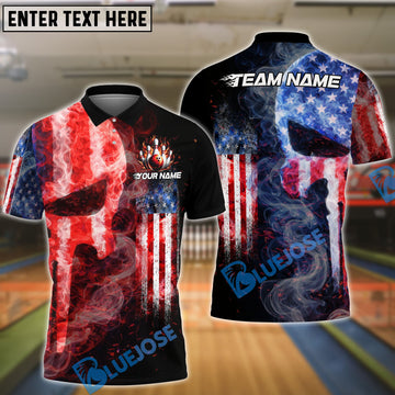 BlueJose Bowling USA Fire Smoke Punisher Skull Design Personalized Name, Team Name 3D Shirt