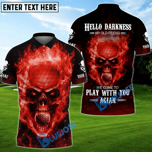 BlueJose Hello Darkness My Old Flaming Fire Skull Golf Shirt, Custom Name Golf 3D Shirts