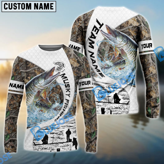 Bluejose Musky Fishing Camo Forest Scene Custom Name & Team Name 3D Shirts