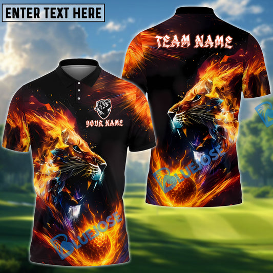 BlueJose Flaming Lion Golf Polo Shirt, Customized Name & Team Name 3D Shirts (4 Colors)