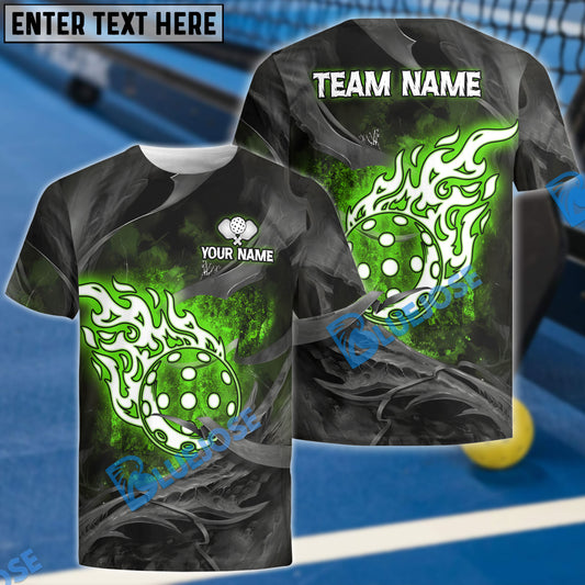 BlueJose Pickleball Ball Fire Flame Customized Name 3D Shirt (4 Colors)