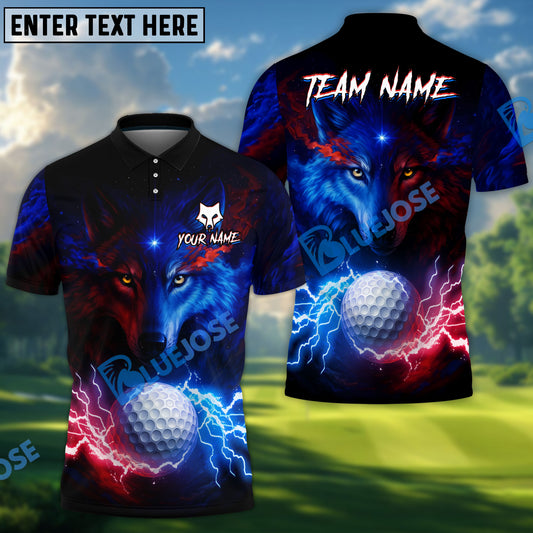 BlueJose Water Wolf & Fire Wolf Pattern Golf Shirt – Lightning 3D Design with Custom Name & Team (4 Colors)