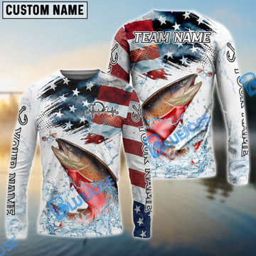 Bluejose Salmon Fishing Patriotic Water Splash Theme Custom Name & Team Name 3D Shirts