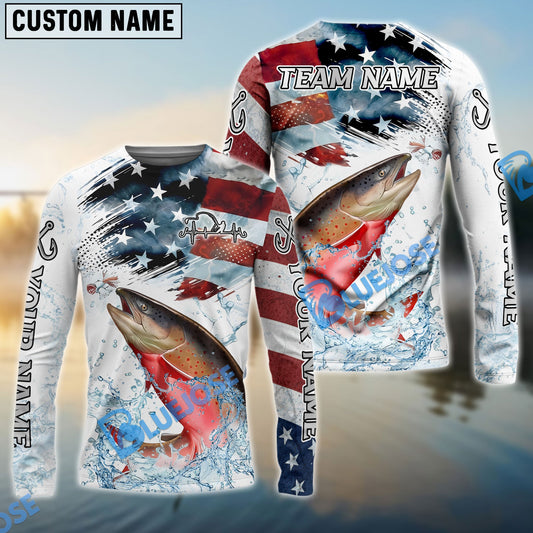 Bluejose Salmon Fishing Patriotic Water Splash Theme Custom Name & Team Name 3D Shirts