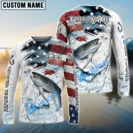 Bluejose Chinook Salmon Fishing Patriotic Water Splash Theme Custom Name & Team Name 3D Shirts