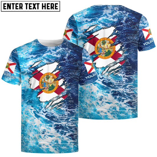 BlueJose Blue Sea Wave Ocean Camo Florida Flag Custom Name Fishing Shirt