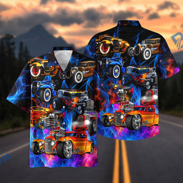 Bluejose Vintage Hot Rod Blue Flames Hawaiian Shirt