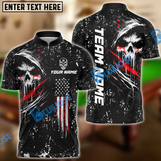 BlueJose Billiards Ball 8 Grim Skull with American Flag Customized Name, Team Name 3D Shirt
