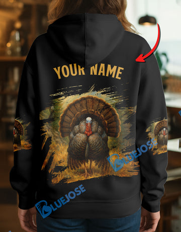 BlueJose Black Turkey Hunter Personalized Name Hoodie For Hunting Lover