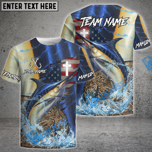 Bluejose Marlin Fishing American Flag Camo Cross Skin Custom Name & Team Name 3D Shirts