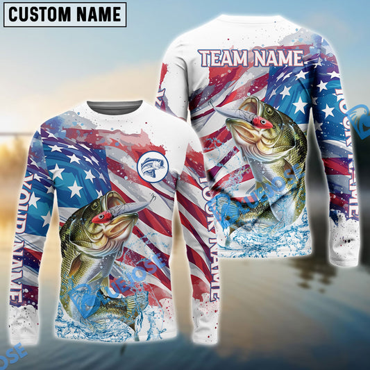 Bluejose Bass Fishing Watercolor USA Flag Custom Name & Team Name Shirts For Kids