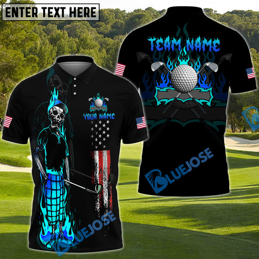 BlueJose Golf Skull Flame with American Flag Customized Name, Team Name 3D Shirts (4 Colors)