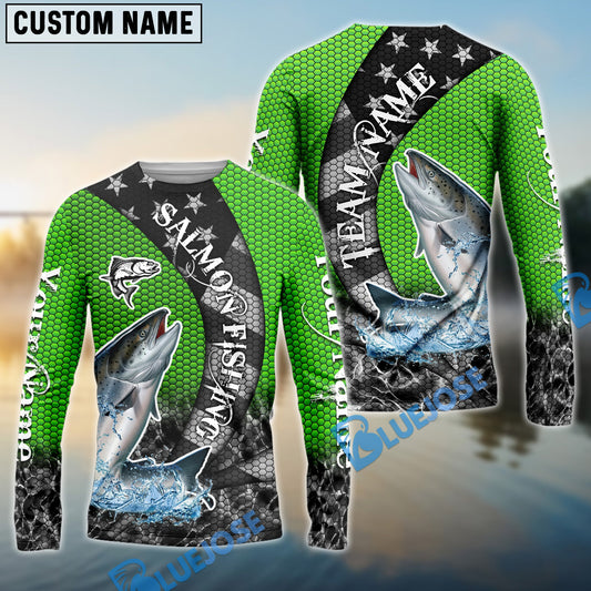 Bluejose Salmon Fishing American Flag Green Stars Custom Name & Team Name 3D Shirts