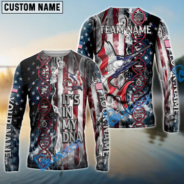 Bluejose Marlin Fishing American Flag Smoke & Red DNA Helix Firefighter Icons Custom Name & Team Name 3D Shirts