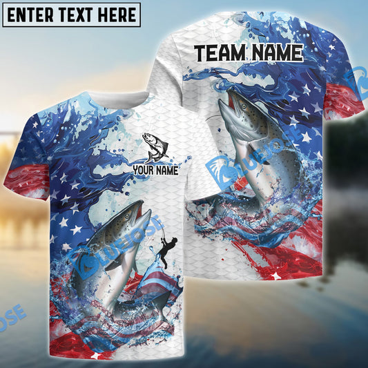 Bluejose Salmon Fishing Patriotic American Flag Wave White Skin Custom Name & Team Name 3D Shirts