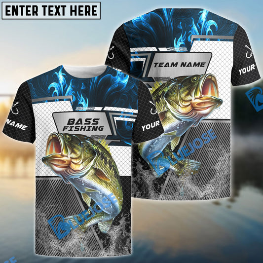 BlueJose Bass Fishing Blue Flame Smoke Grid Pattern  Custom Name & Team Name Shirts