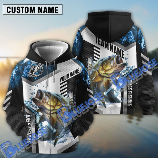 BlueJose Bass Fishing Blue Flame Sport Custom Name & Team Name Shirts