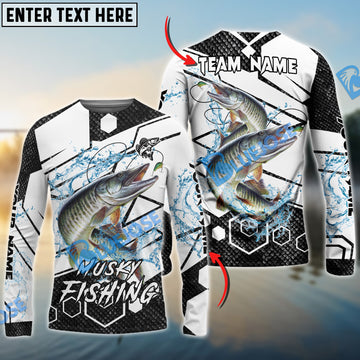 Bluejose Musky Fishing White Gray Black Hexagon Sport Custom Name & Team Name 3D Shirts