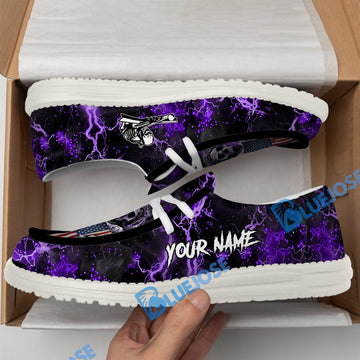 BlueJose Billiards Ball 8 Fire Skull US Flag Purple White Canvas Loafer Shoes