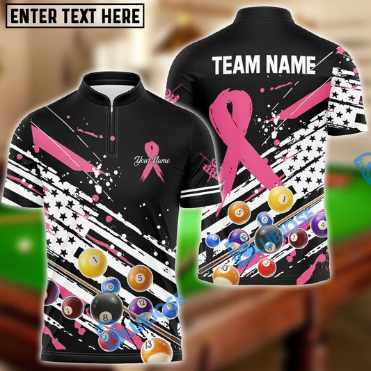 BlueJose Billiards Breast Cancer Awareness American Flag Customized Name 3D Shirts